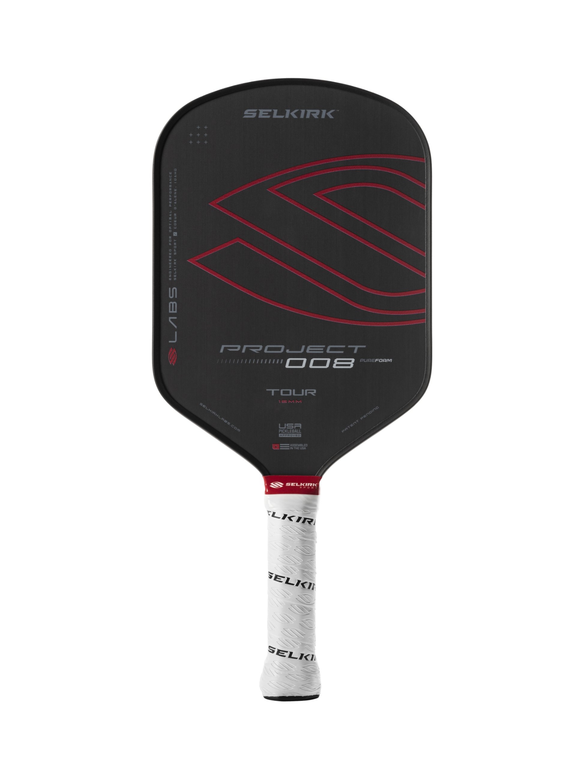 The Selkirk Labs Project 008 Tour Elongated 16mm Pickleball Paddle features a black design with red accents and a white handle grip inscribed with black text.