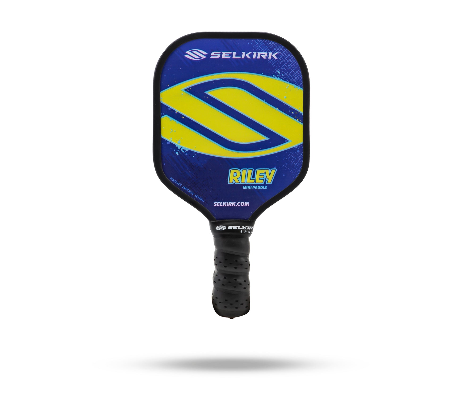 A blue and yellow Selkirk Riley Mini Pickleball Paddle from the Selkirk Paddle Collection on a white background.
