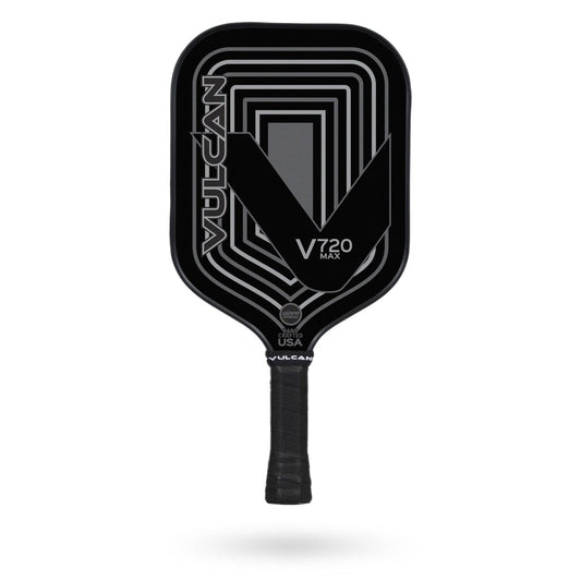 A powerful Vulcan V720 MAX Pickleball Paddle with a black and white design on a white background.