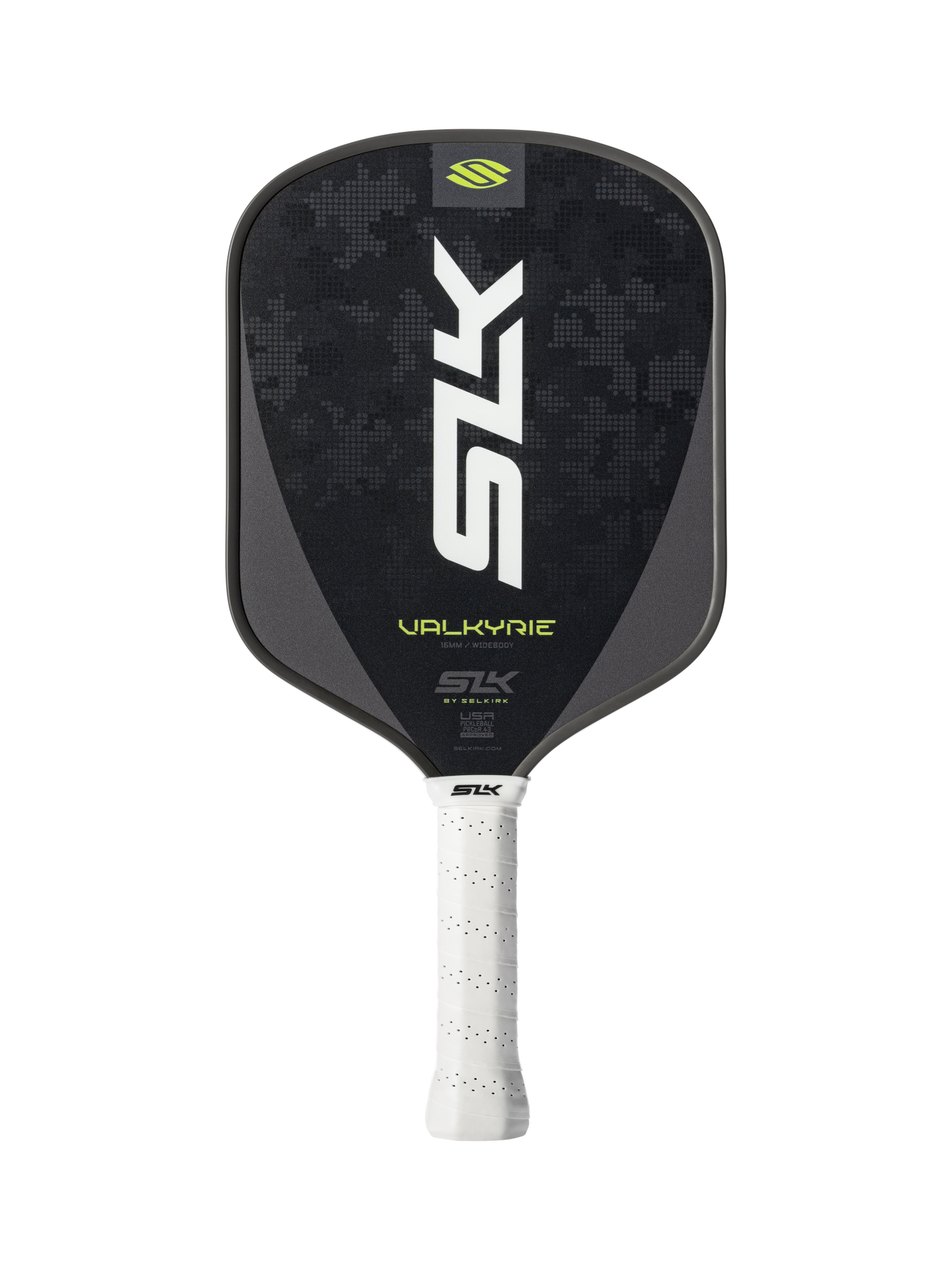 The Selkirk SLK Valkyrie Widebody 16mm Pickleball Paddle features a black geometric-patterned face, white handle, and thick core.