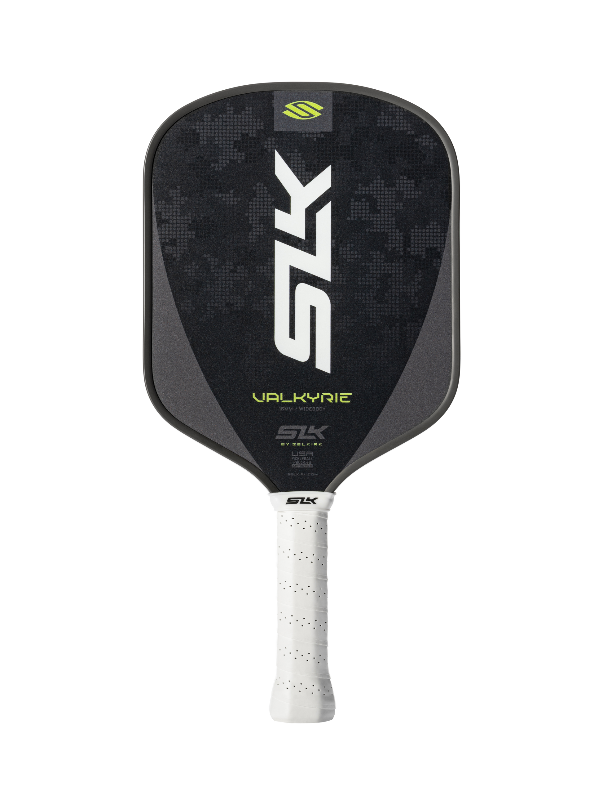 The Selkirk SLK Valkyrie Widebody 16mm Pickleball Paddle features a black geometric-patterned face, white handle, and thick core.