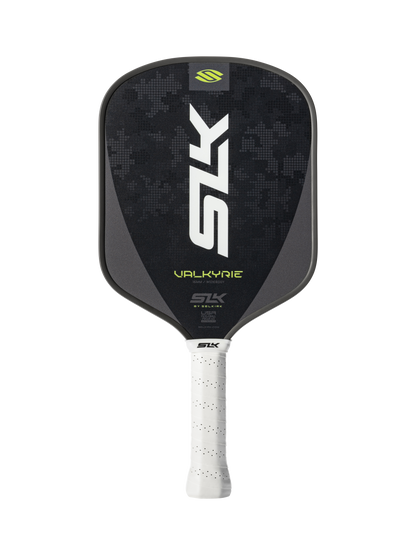 The Selkirk SLK Valkyrie Widebody 16mm Pickleball Paddle features a black geometric-patterned face, white handle, and thick core.