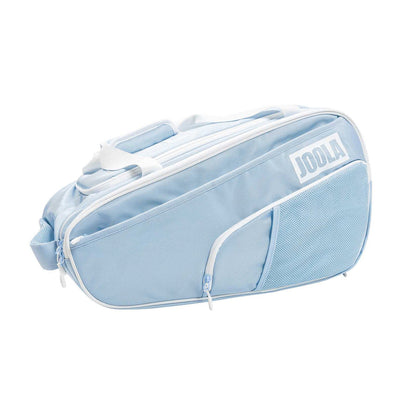 Light blue and white Pickleballist 2026 Tour Elite Pickleball Bag with zippered compartments and "Pickleballist" on the side—ideal as a sports or paddle bag for all your gear.