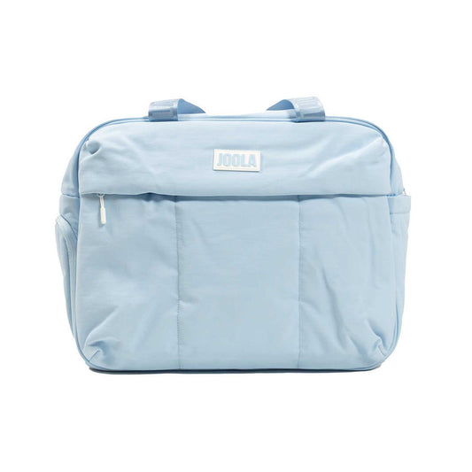 The JOOLA Overnighter Puff Bag is a light blue pickleball bag with durable construction, top handles, zippered main compartment, front zip pocket, and side pockets, shown on a plain white background.