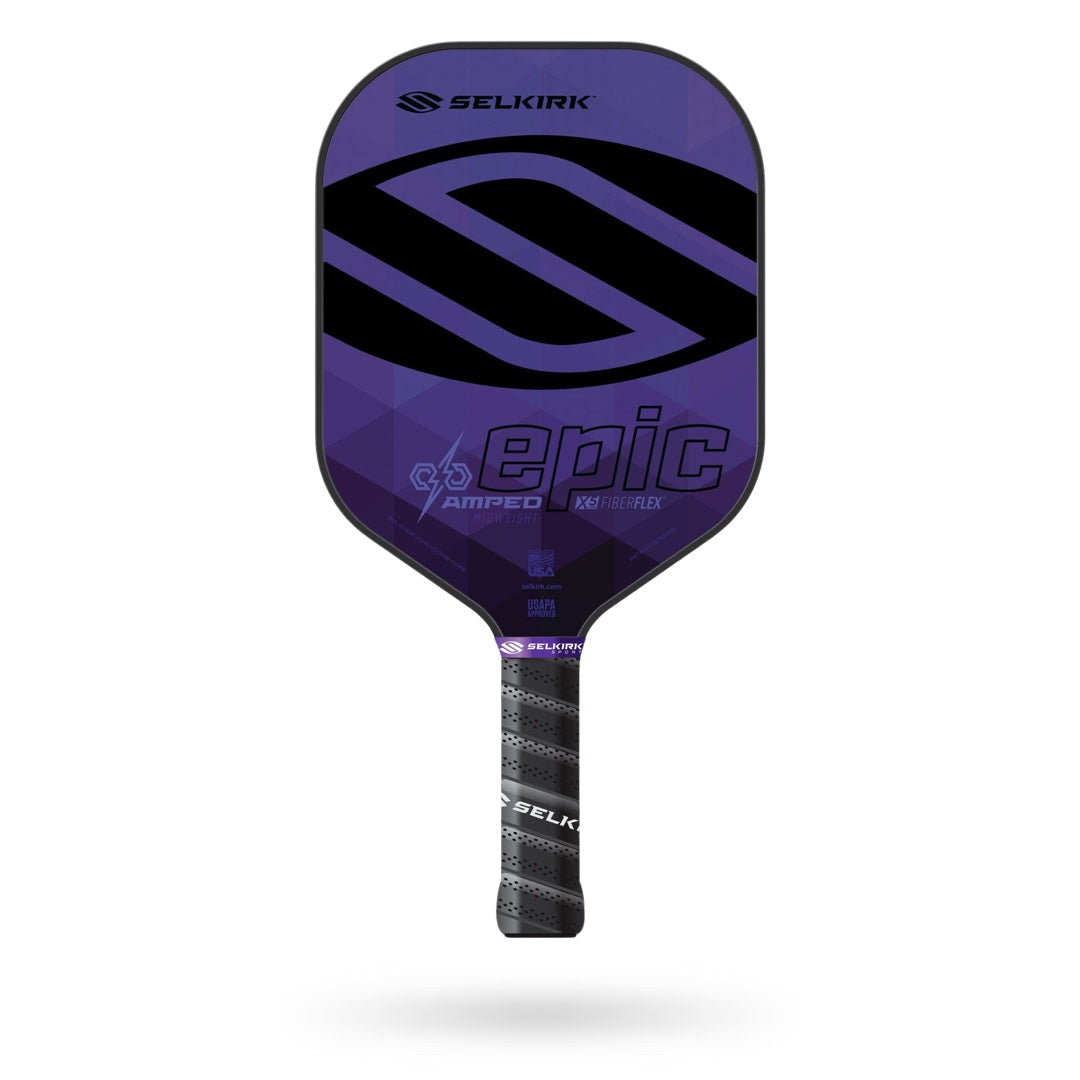 A purple and black Selkirk Amped Epic Pickleball Paddle with the word epic on it.