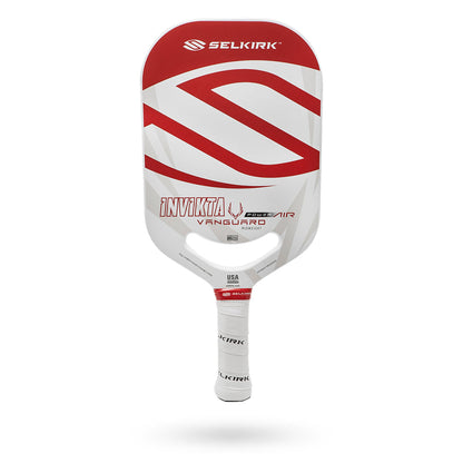 A high-performance Pickleballist Selkirk Power Air Invikta Pickleball Paddle with a white and red color scheme, displayed against a white background.