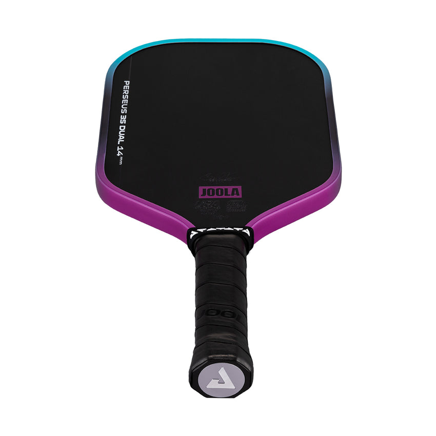 The JOOLA Perseus 3S Dual 14mm Pickleball Paddle features a Charged Carbon surface, black face, purple edge, and black grip, shown against a white background.
