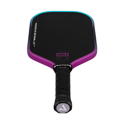 The JOOLA Perseus 3S Dual 14mm Pickleball Paddle features a Charged Carbon surface, black face, purple edge, and black grip, shown against a white background.