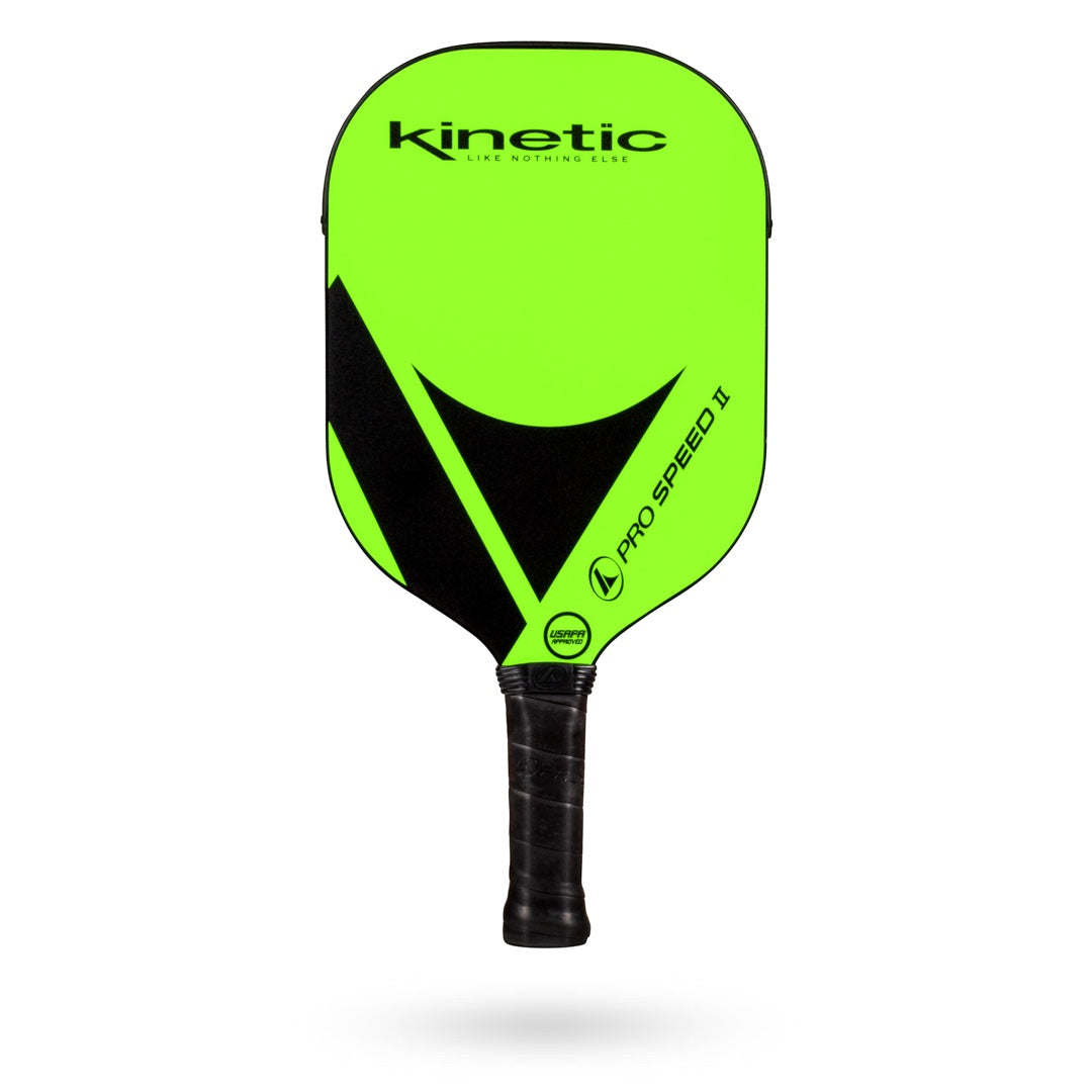 Bright green and black ProKennex Kinetic Pro Speed II Pickleball paddle with the logo "Pickleballist" featuring edgeless construction, and text "pro speed ii" on an isolated white background.