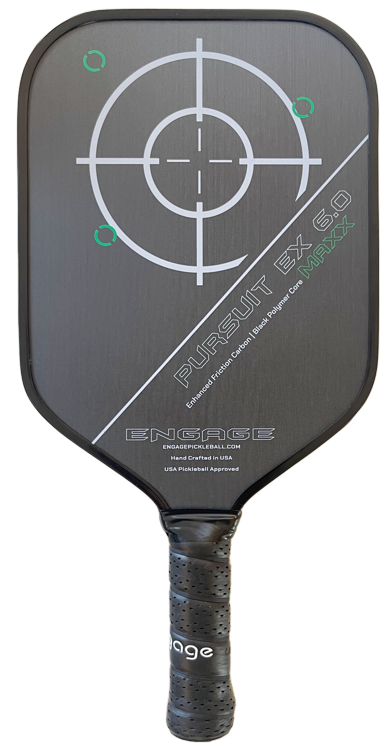 Close-up of a black Engage Pursuit MAXX EX 6.0 Pickleball Paddle with a target design printed on the face and a textured grip. Text on the paddle includes product name and manufacturing details.