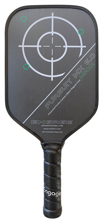 A black Engage Pursuit MAXX MX 6.0 pickleball paddle with a target design on the face.