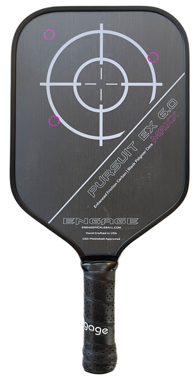 A black Engage pickleball paddle with a bullseye design, labeled "Engage Pursuit MAXX EX 6.0 Pickleball Paddle." The grip features a textured pattern.