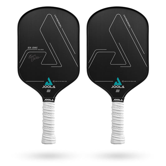 A pair of JOOLA Ben Johns Hyperion CFS 16 pickleball paddles on a white background.