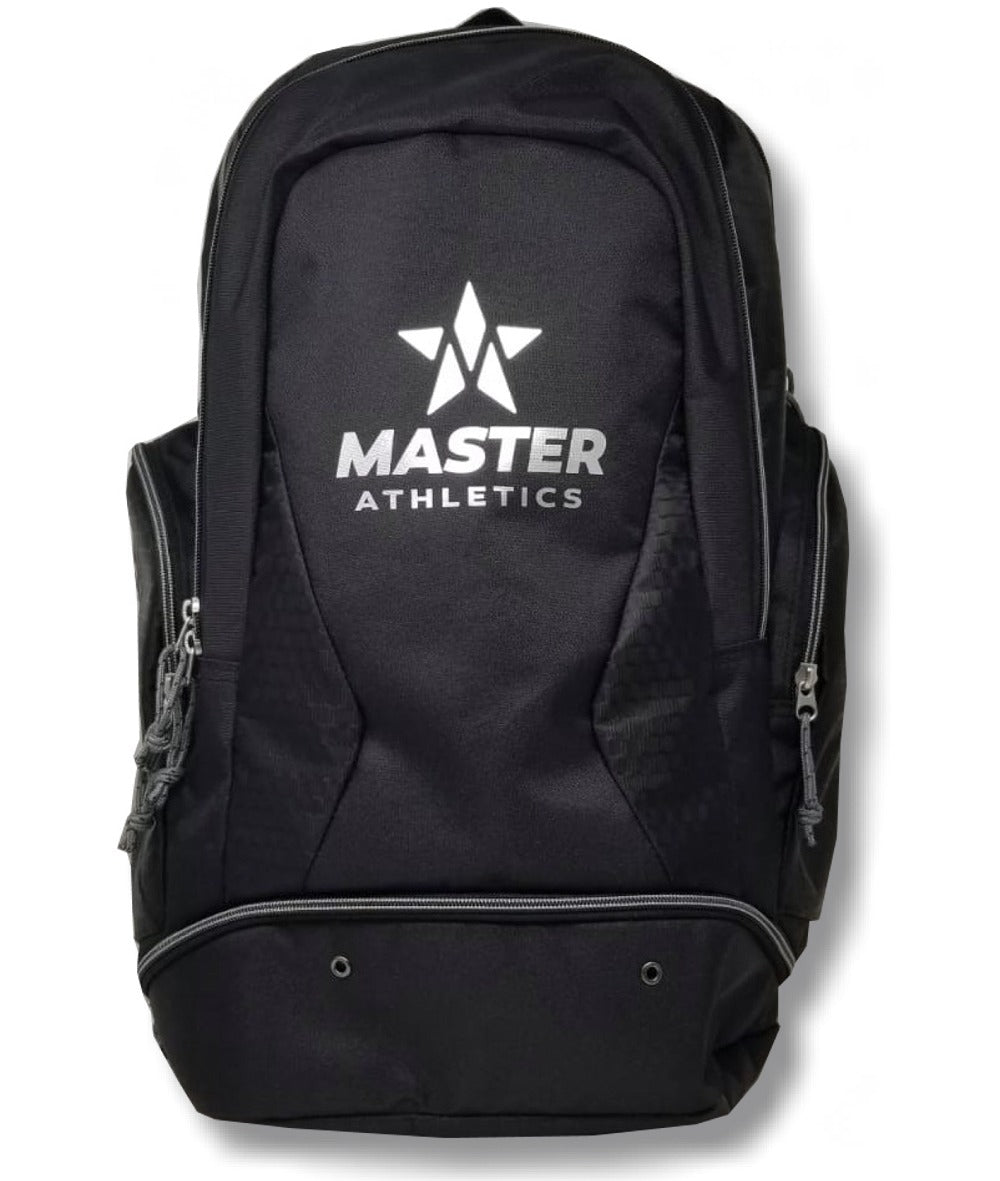 Black Master Athletics All-Star Backpack by Pickleballist, featuring multiple zipped compartments with a ventilated compartment, isolated on a white background.