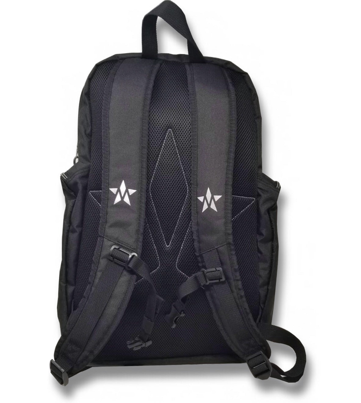 Black Master Athletics All-Star Backpack with adjustable straps and multiple compartments, featuring a distinctive white arrow design on the back padding. (Pickleballist)