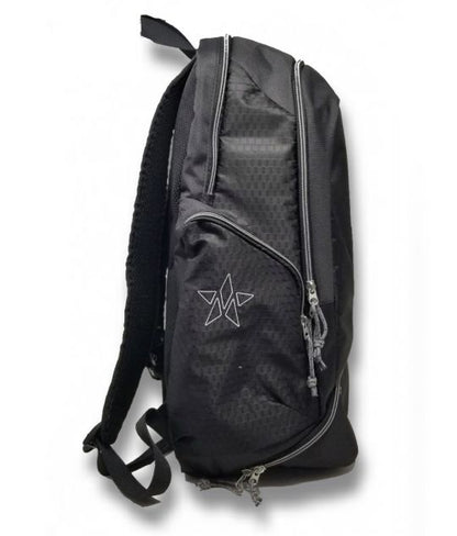 A black Master Athletics All-Star Backpack with a ventilated compartment and a star logo on the front pocket, featuring multiple zippers, isolated on a white background.