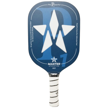 The Master Athletics P1 Pickleball Paddle features a blue face with a striking white geometric star design and "Master Athletics" branding on the handle. Built with a carbon polypropylene honeycomb core, its handle is wrapped in white tape with black stripes. This paddle is USAPA approved for competitive play.