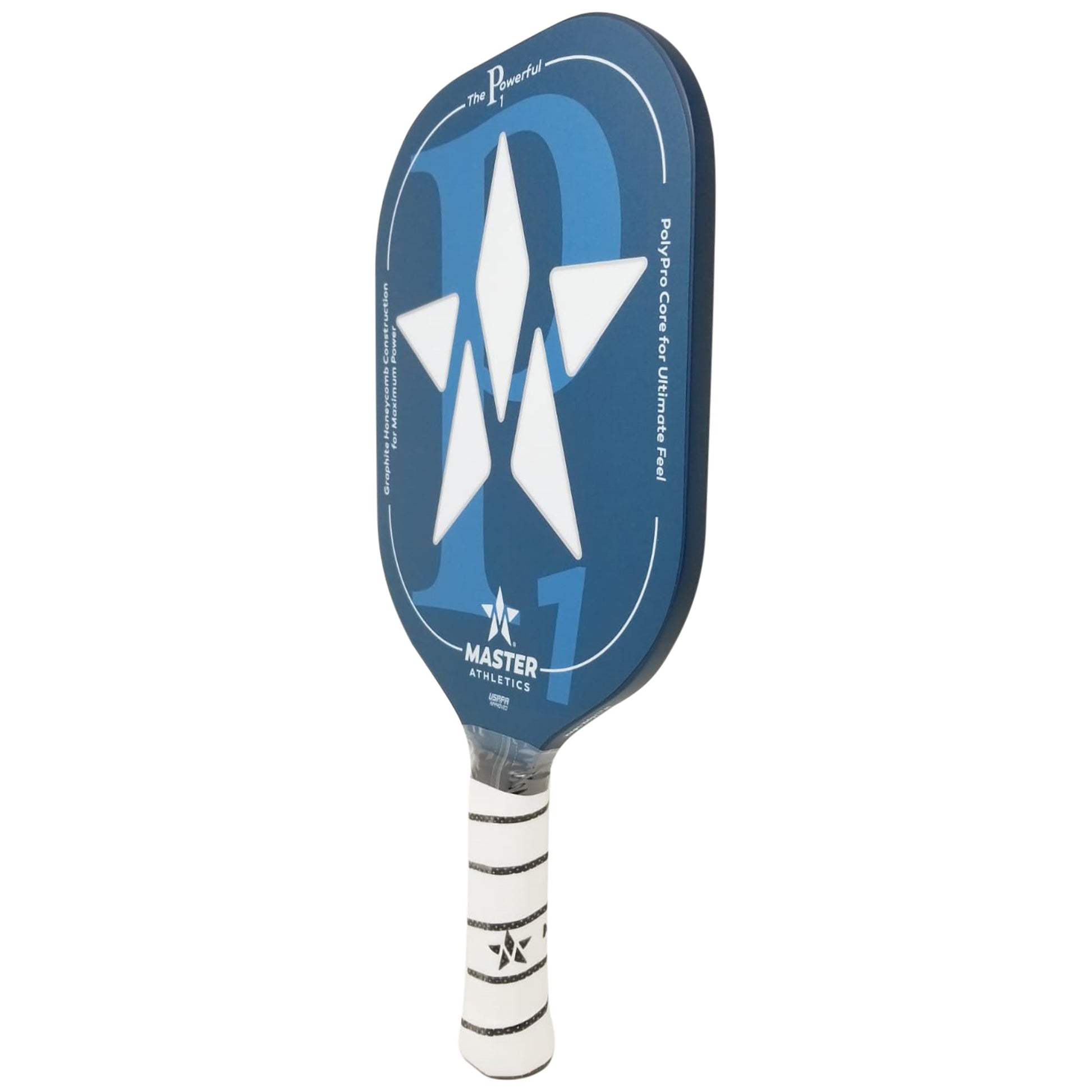 A blue Master Athletics P1 Pickleball Paddle with a large white star design in the center and a white handle featuring black diagonal stripes. The brand name "Master Athletics" is printed on the bottom. This USAPA approved paddle boasts a carbon polypropylene honeycomb core for superior performance.