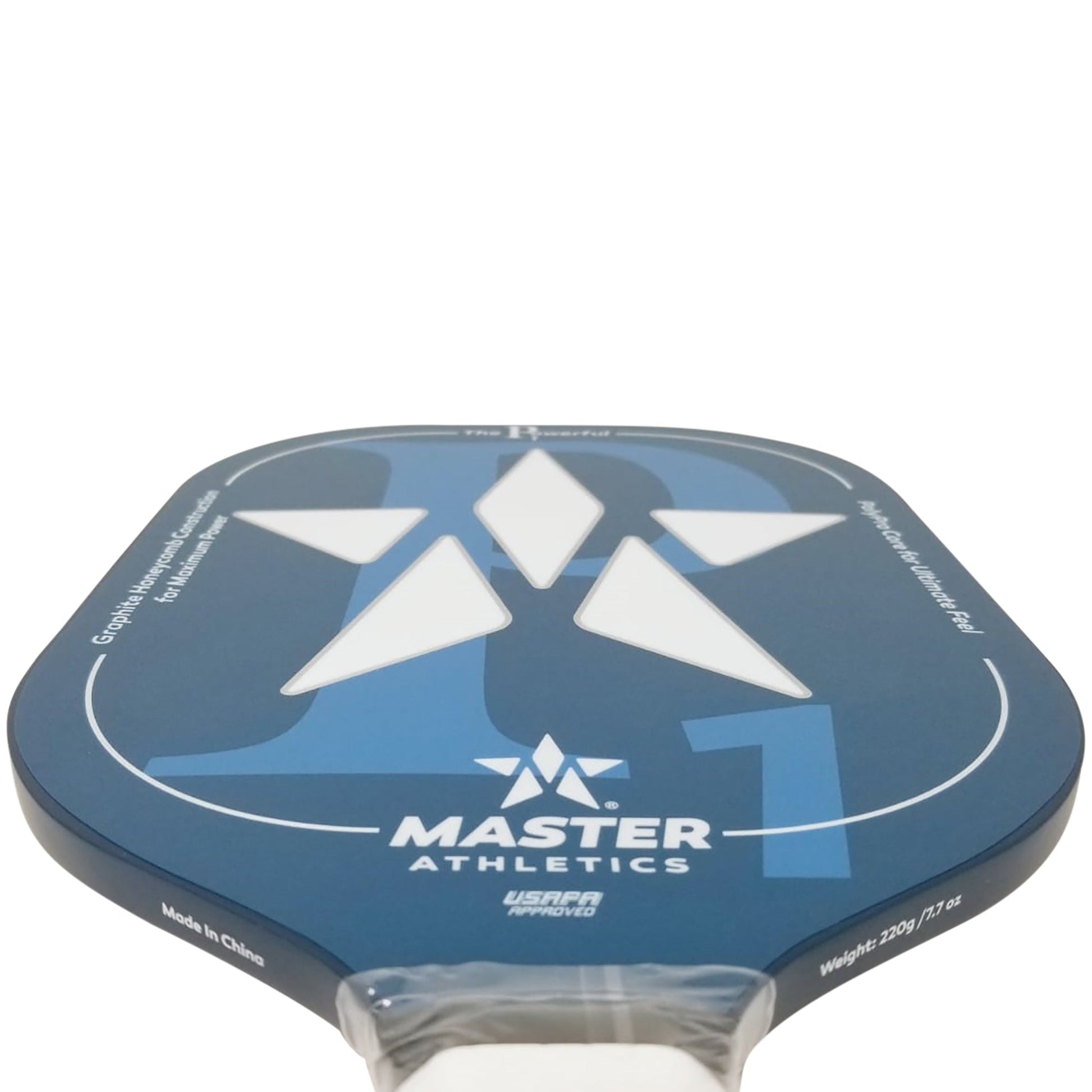 Close-up of a blue and black Master Athletics P1 Pickleball Paddle with a white handle, featuring the brand "Master Athletics" and labelled as USAPA approved. Text on the paddle indicates it's made in China, has a carbon polypropylene honeycomb core, and weighs 230g/8.1oz.