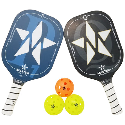 Two Master Athletics P1 Pickleball Paddles with white handles and three perforated balls (two yellow, one orange), branded with "Master Athletics," featuring a carbon polypropylene honeycomb core and are USAPA approved.