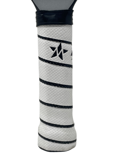 Close-up of a white sports racket handle with black star logo and diagonal black lines, featuring the Master Athletics Super Tack Pickleball Overgrip by Master Athletics.
