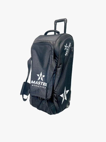 A black Master Athletics Wheeled Duffle Pickleball Bag with white star logo and text, featuring a retractable handle and multiple compartments, set against a white background.