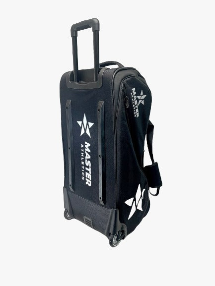 A Master Athletics black and white rolling bag with a star on it.