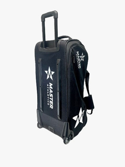 A black Master Athletics Wheeled Duffle Pickleball Bag with a telescopic handle and two wheels. The bag features white branding on the front and side.