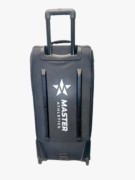 A black Master Athletics Wheeled Duffle Pickleball Bag with the word master on it.
