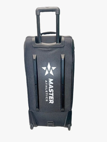 A black Master Athletics Wheeled Duffle Pickleball Bag with a telescopic handle and "Master Athletics" written on the front in white text alongside a star logo.