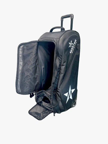 A black and white Master Athletics Wheeled Duffle Pickleball Bag with a star on it.