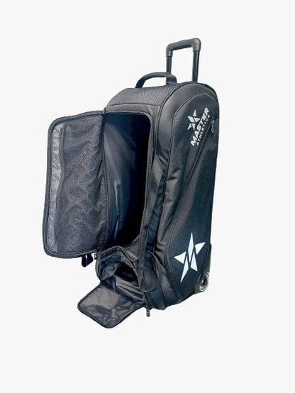 A black Master Athletics Wheeled Duffle Pickleball Bag with a retractable handle and multiple compartments, branded with "Master Athletics" and star logos, is shown with one compartment open.