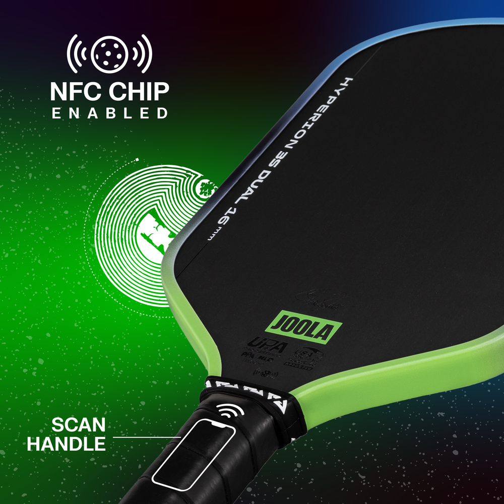 Close-up of the JOOLA Hyperion 3S Dual 16mm Pickleball Paddle, featuring "NFC Chip Enabled" text, a scanning symbol on the handle, and a digital chip graphic in the background.