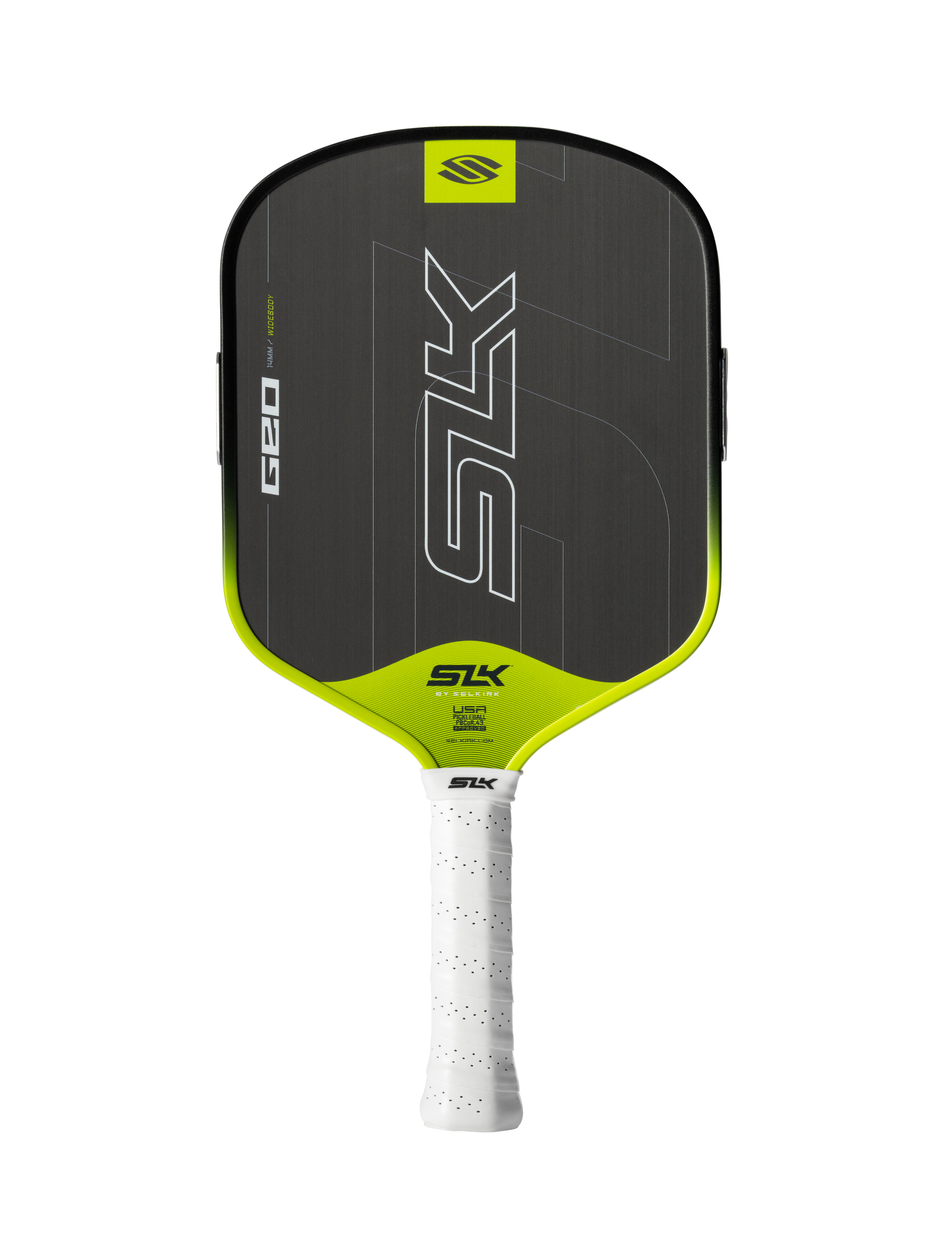 The Selkirk SLK GEO Widebody 14mm Pickleball Paddle by Selkirk features a black and yellow design with a widebody shape and a white grip, displayed on a plain white background.