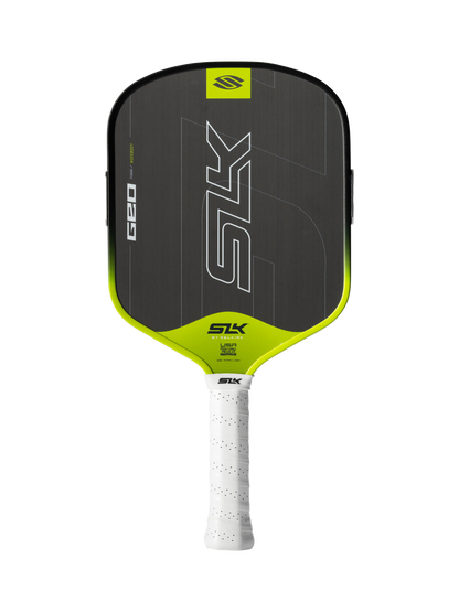 The Selkirk SLK GEO Widebody 14mm Pickleball Paddle by Selkirk features a black and yellow design with a widebody shape and a white grip, displayed on a plain white background.