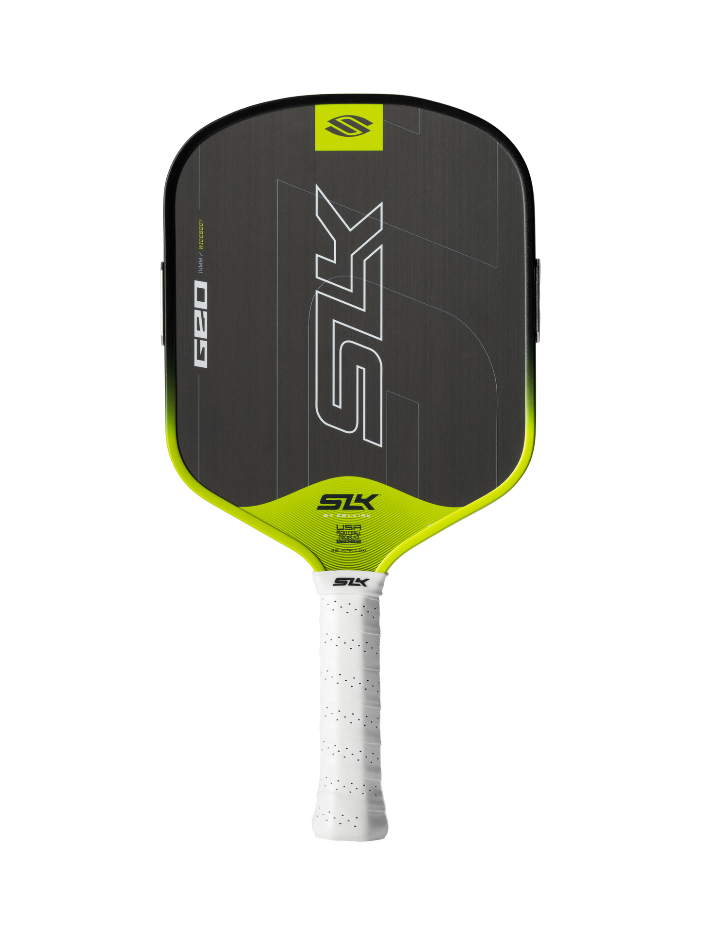 A Selkirk SLK GEO Widebody 14mm Pickleball Paddle in black and neon yellow with a white grip, shown against a plain white background.