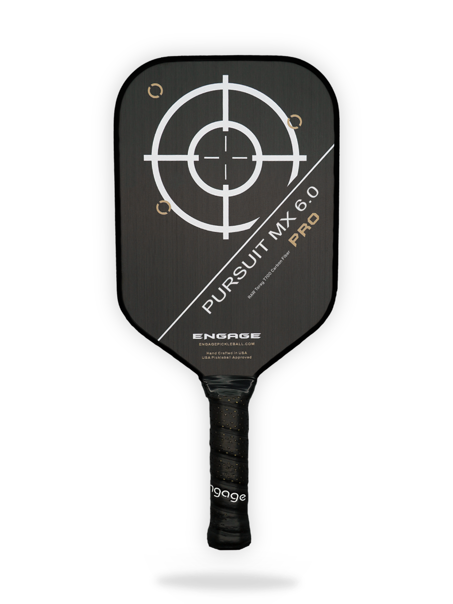 An Engage Pursuit Pro MX 6.0 Pickleball Paddle with a target on it.