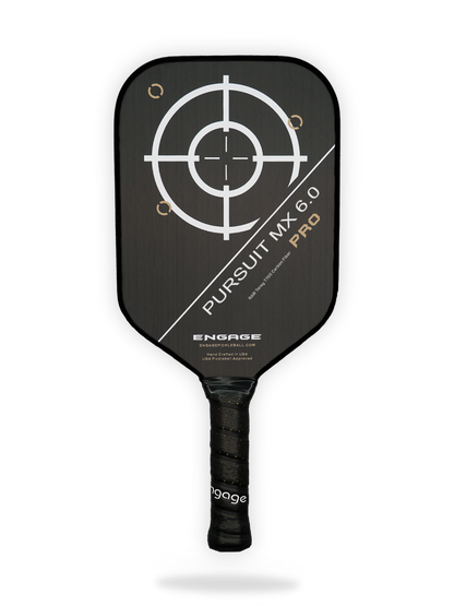 A black Engage Pursuit Pro MX 6.0 Pickleball Paddle by Engage with a target design on the face and a black grip handle.