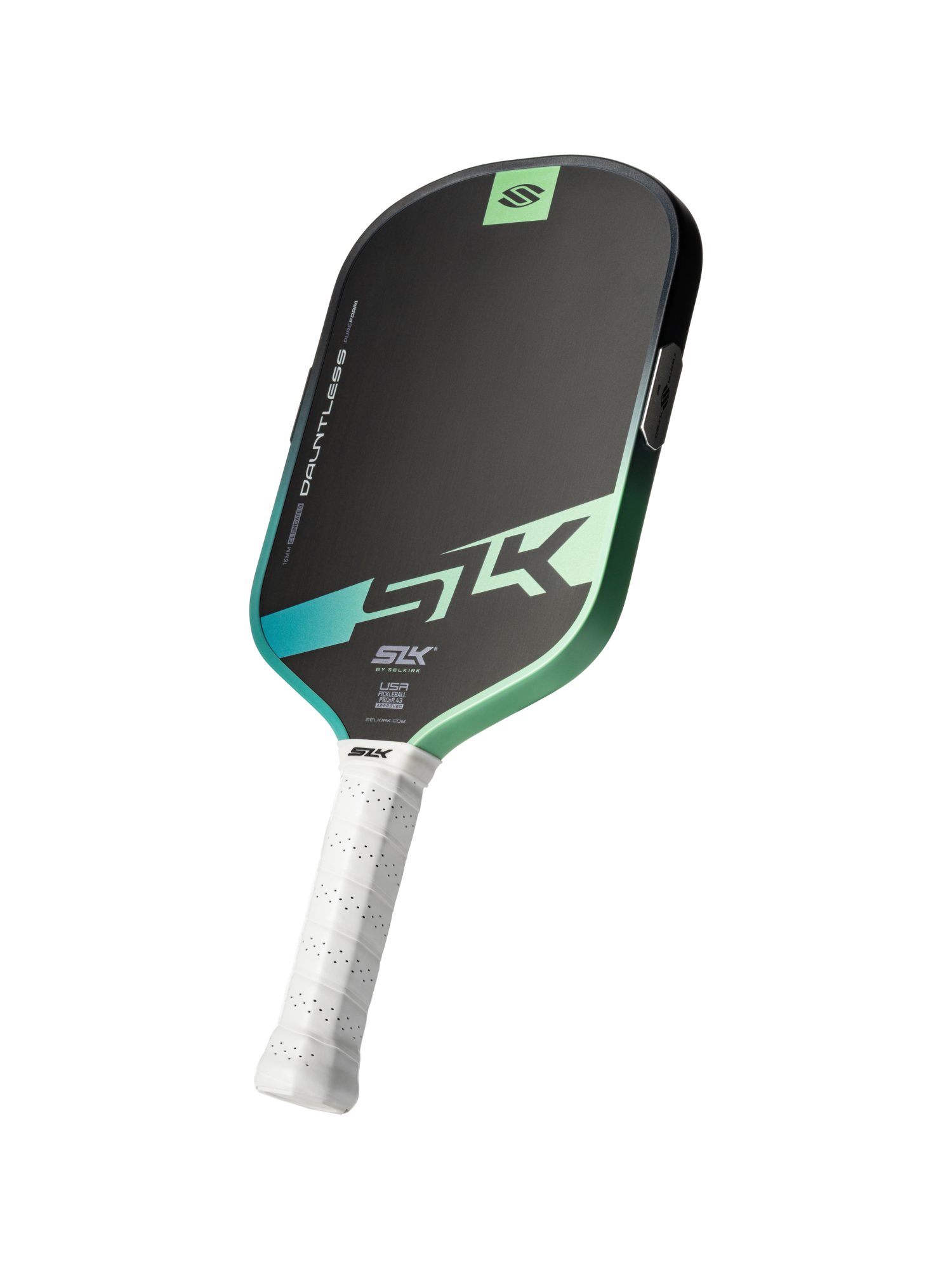 The Selkirk SLK Dauntless Elongated 16mm Pickleball Paddle features a black and green design, bold “Dauntless” branding on the face, and a white perforated grip.