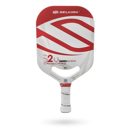 A Pickleballist Selkirk Power Air S2 pickleball paddle with a red and white design, isolated on a white background.