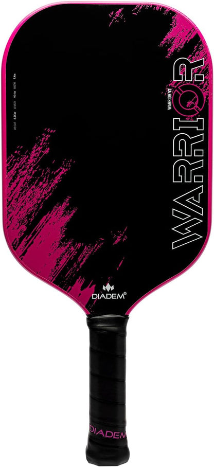 A black and pink pickleball paddle, known as the "Diadem Warrior V2," featuring the Diadem logo at the bottom.