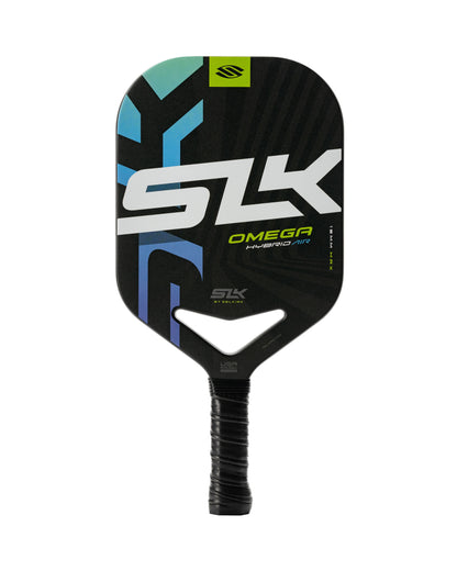 Selkirk SLK Omega Max Hybrid Air Pickleball Paddle, boasting a black and green design with prominent "SLK" lettering and a textured handle.