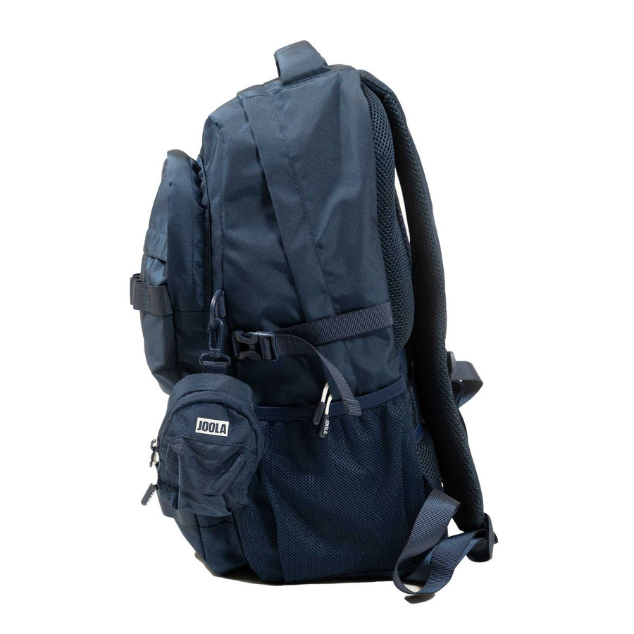 Side view of the JOOLA Utility Backpack by JOOLA—a dark blue backpack with multiple compartments, mesh side pockets, adjustable straps, and a small front zippered pouch, designed for pickleball gear.
