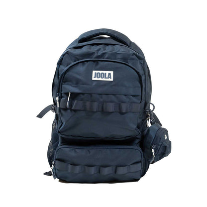 The JOOLA Utility Backpack by JOOLA is black with multiple zippered compartments and a small side pouch, ideal as a pickleball backpack, displayed on a white background.