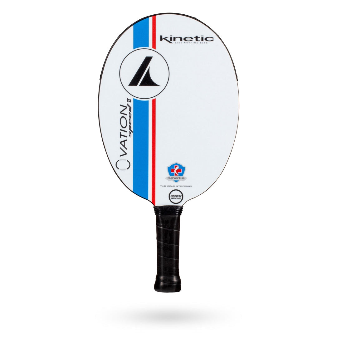 A ProKennex Kinetic Ovation Speed II Pickleball Paddle for speed with a blue, white and red stripe.
