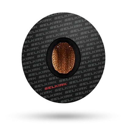 A Selkirk Red Label Straw Pickleball Hat with a black edge guard and a honeycomb core texture, set against a circular background patterned with the repeated word "Pickleballist".