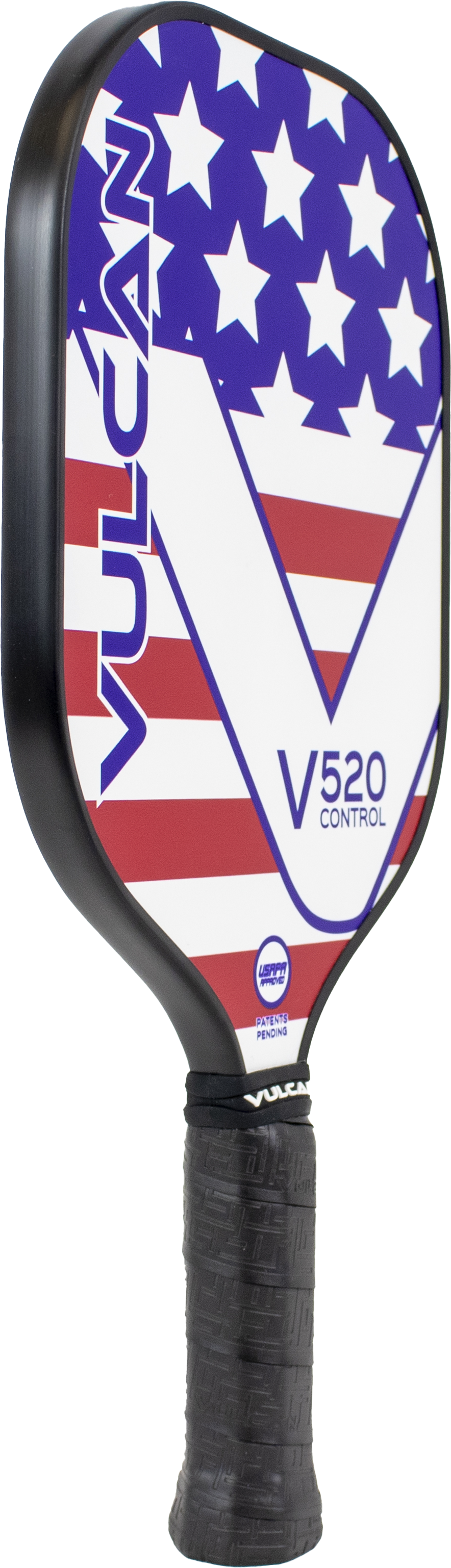 A Vulcan V520 Control pickleball paddle featuring an American flag design.