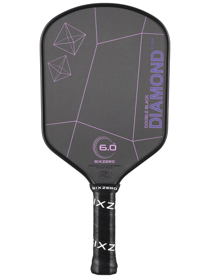 Black pickleball paddle with geometric designs and text reading "Six Zero Double Black Diamond Control (16mm)" by Six Zero.