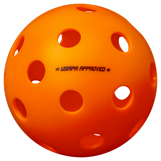 An Onix Fuse Indoor Pickleball ball with holes on it.