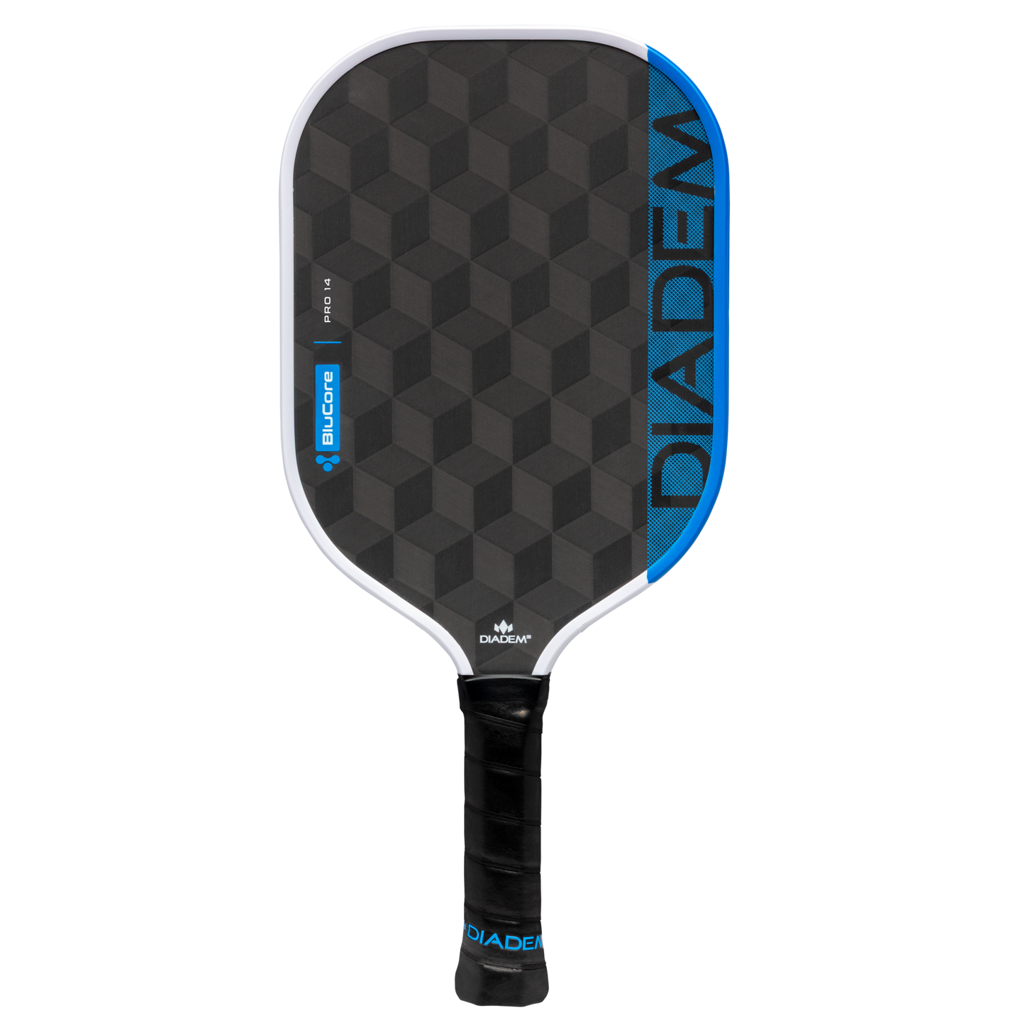 The Diadem Edge BluCore Pro 14mm Pickleball Paddle features a black and blue geometric design with the "Diadem" brand name boldly displayed along the edge.